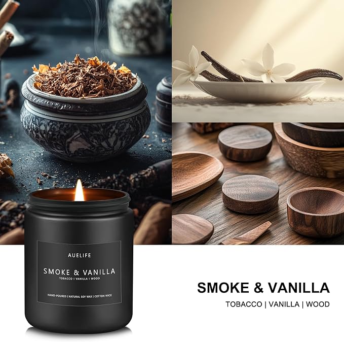 Auelife Smoke Vanilla Scented Candle, 7 oz Soy Candle for Men | 50H Burn Time, Candles for Home Scented, Cotton Wick, Gift for Men Him,Home Office Decor