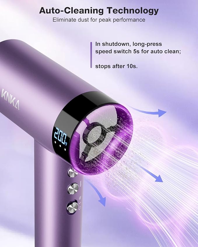 KNKA Hair Dryer, 1500W High Speed Blow Dryer with 4 Temps & 3 Speeds, Fast-Drying Negative Ionic Hair Dryer for Women, 110,000 RPM Hairdryer Low Noise with Nozzle for Home Travel Salon, Purple