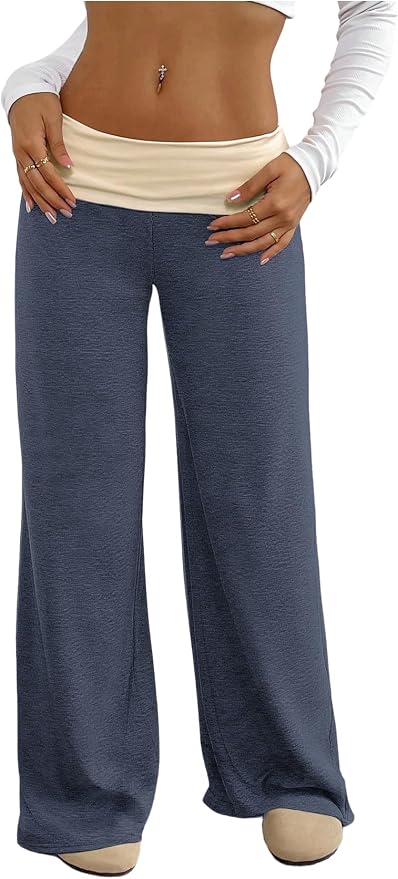 SOLY HUX Women's Sweatpants Color Block Low Rise Fold Over Waist Baggy Wide Leg Pants