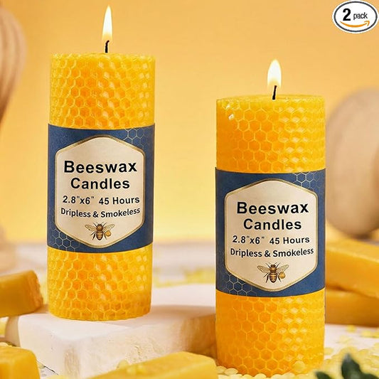 2 Pack Beeswax Pillar Candles, 90 Hours 2.8x6 Inch Hand-Rolled Large Beeswax Pillar Candles, Handcrafted Honeycomb Bees Wax for Home, Candle Lovers (2.8x6 in)