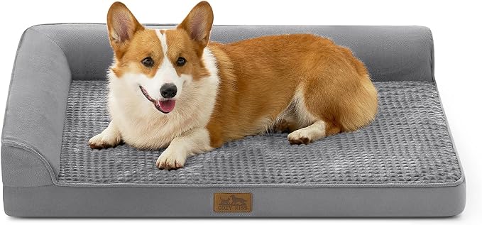 COZY KISS Orthopedic Dog Bed for Large Sized Dogs, L Shaped 36x27 inch | Non-Slip Bottom Soft Pet Sofa with Washable Removable Waterproof Cover, Egg-Crate Foam Couch with Portable Handle, Grey