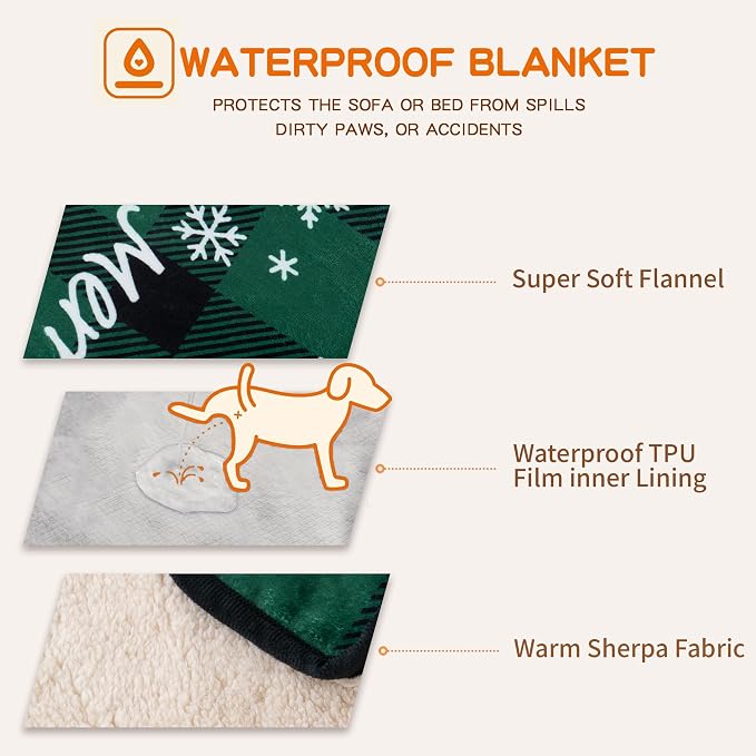 Washable Waterproof Dog Blankets for Large Dogs 50"x60" | Soft Fluffy Pet Blanket for Couch Sofa Car, Bed Furniture Protector, Reversible Sherpa Fleece Dog Blanket Christmas Green