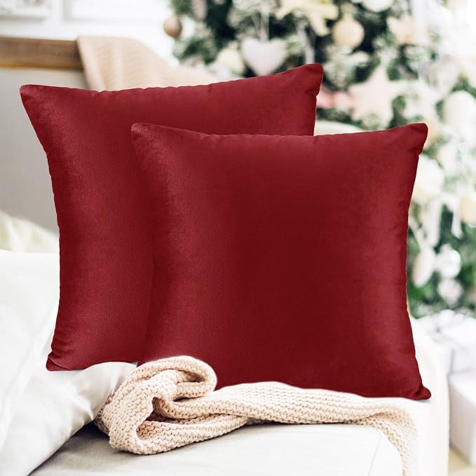 Throw Pillow Inserts Pack of 2 with Velvet Soft Solid Decorative Square Throw Pillow Covers Set for Sofa Couch Car Bedroom, 26X26 Throw Pillows Inserts with 24x24 Washable Cushion Covers, Cherry Red