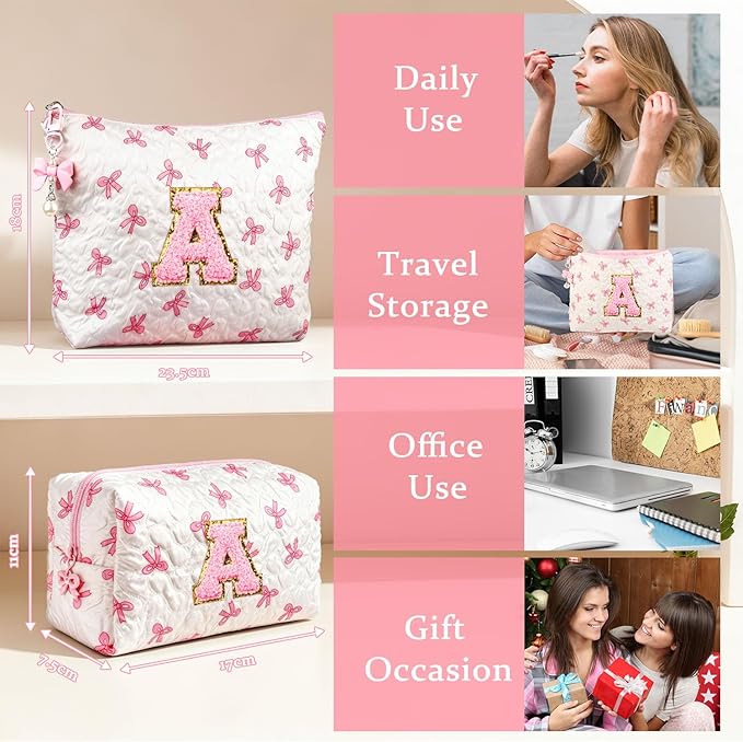Initial Makeup Bag, Valentines Day Gifts for Women Teens Girls Birthday Gift Personalized Bow Cosmetic Bag, Quilted Cosmetic Travel Toiletry Pouch, Cute Makeup Organizer Teen Girl Gifts Trendy Stuff L