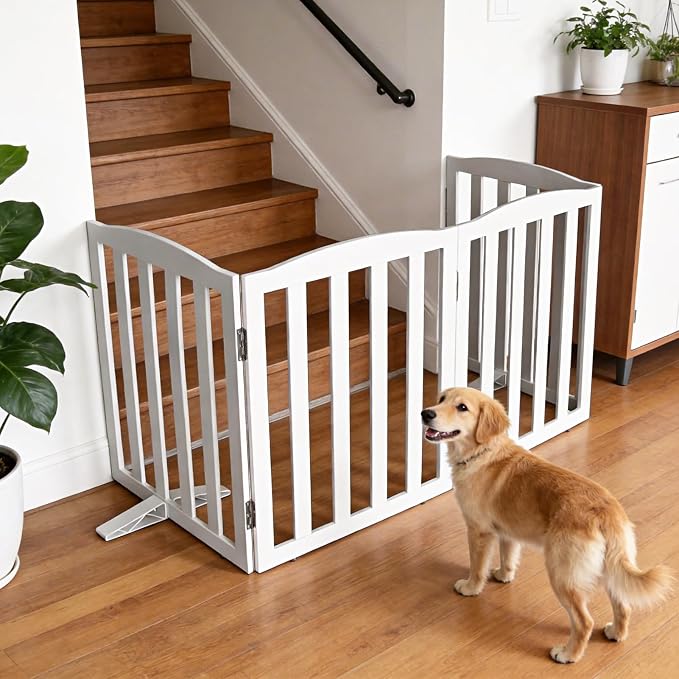 ZJSF Foldable Freestanding Indoor Dog Gate for House Wood White Long Pet Gates Dog Fence for Stairs Puppy Gates for Hallways,Pet Fence, Puppy Gate,Support Feet Included 32 "Height-6 Panels