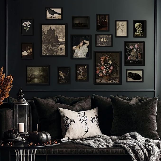 16 PCS Dark Academia Room Decor, Gothic Home Decor, Moody Wall Art Prints for Bedroom, Witchy Posters for Room Aesthetic, Wall Collage Kit Pictures for Living Room, Halloween Dorm Gallery Decor