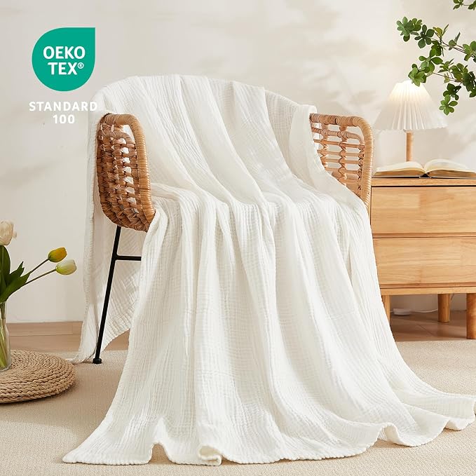 EMME Cotton Muslin Large Throw Blanket Couch Breathable Gauze Soft Lightweight Bed Blankets Adults (White,50"x70")
