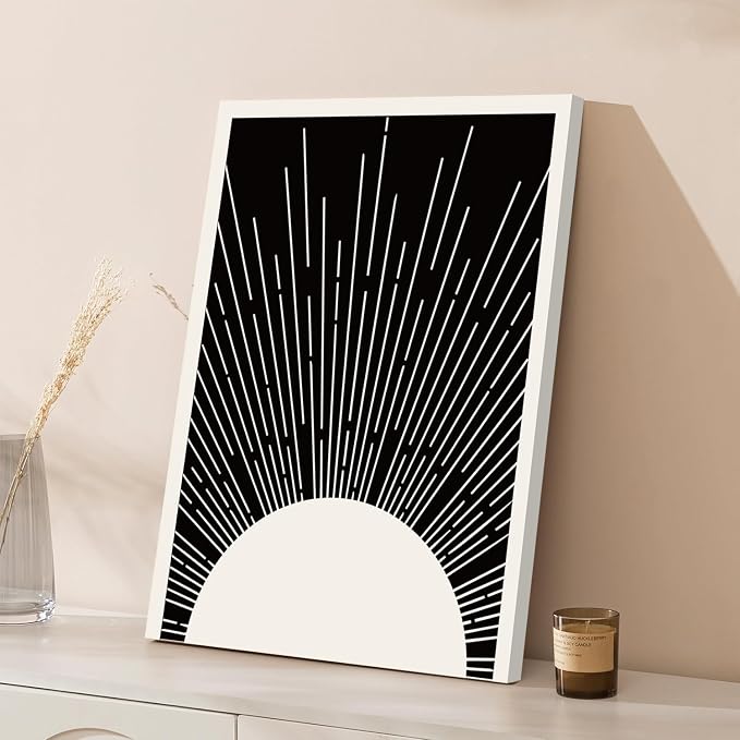 Hwetui Framed Boho Sun Wall Art Set of 2 Black and White Minimalist Sunrise Canvas Prints Abstract Sunshine Painting Geometric Line Pictures Home Decor for Living Room Bedroom Bathroom 16x24in