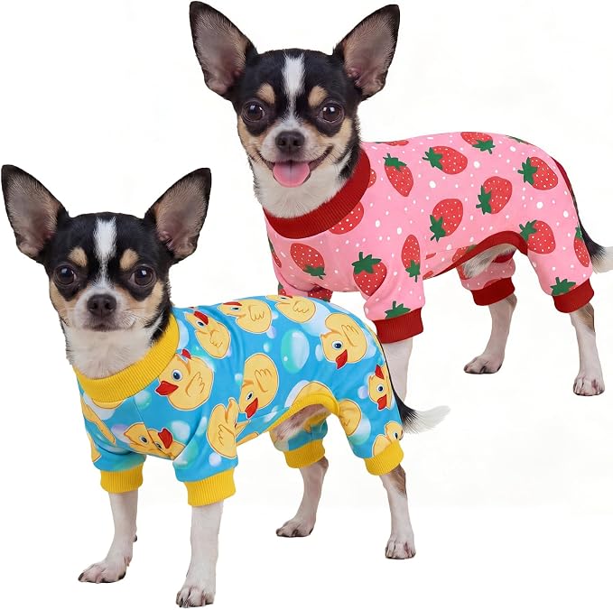 XPUDAC 2 Pack Dog Pajamas for Small Breeds, Soft Warm Dog Pjs Onesie 4-Way Stretch Pet Outfit Lightweight Pet Clothes Boy Girl Duck Strawberry Print, M