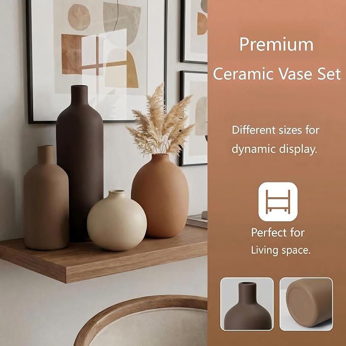 Ceramic Vase Set of 4, Decorative Neutral Modern Flower Vases for Home Decor, Living Room, Shelf Decor, Bookshelf, Kitchen, Centerpiece, Table, Bedroom, Office, Farmhouse