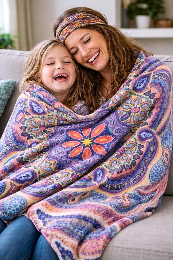 Boho Floral Fleece Throw Blanket: Mandala Bohemian Botanical Paisley Damask Velvety Soft, Bright Purple Pink Yellow White Durable Plush Accent for Bed or Couch, 50" x 70"