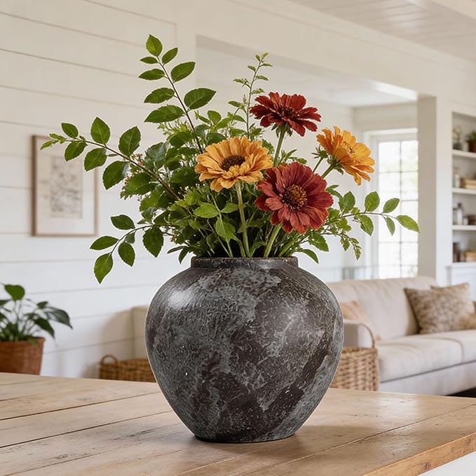 Rustic Ceramic Vintage Farmhouse Vase for Decor (Large Brush Black) | 8.8'' Distressed Stone Vase Home Decor, Decorative Terracotta Round Clay vase for Living Room, Table, Shelf, Kichen Décor