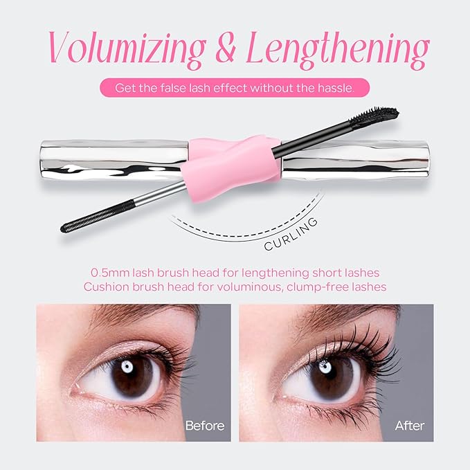 KYDA 2-in-1 Double Ended Metal Mascara, Volumizing Lengthening Clump-Free Black Mascara, Waterproof Formula for Dramatic Lashes, Curling, Washable Eyelash Makeup, 1pcs