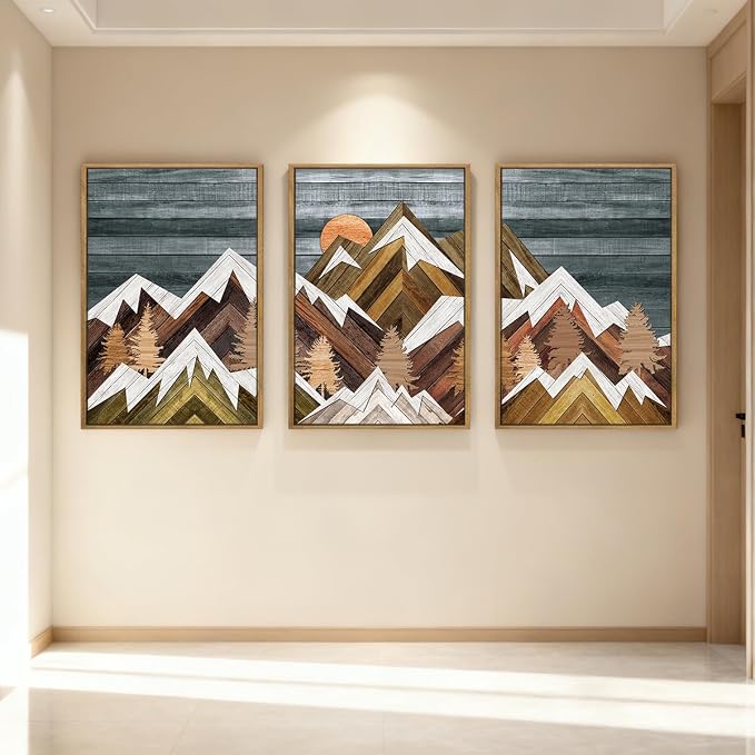 BINCUE Rustic Mountain Canvas Wall Picture Framed Wall Art for Office Living Room Bedroom 16x24 Inches Set of 3