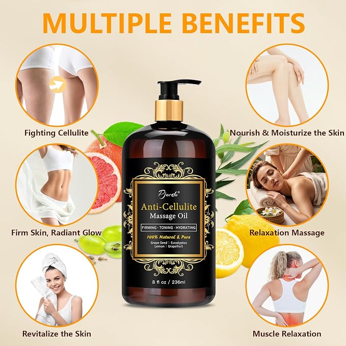 Pjordo Anti Cellulite Massage Oil for Massage Therapy, 100% Natural & Pure Body Firming Oil for Reducing Cellulite, Firming & Moisturizing Skin, Fast Absorbing, Cellulite Remover for Leg & All Body