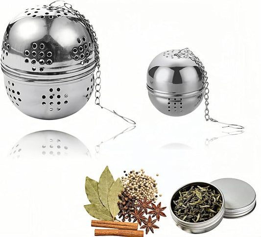 2Pcs Stainless Steel Tea Infuser Ball, Fine Mesh Spice Strainer for Loose Leaf Tea & Cooking, Rotating Lock Leak-Proof, Long Chain Hook for Soup Broth Filter
