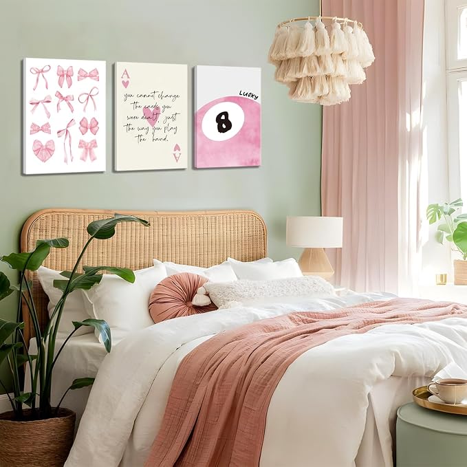 Trendy Pink Bows Canvas Wall Art Set of 3, Vintage Preppy Lucky 8 Ball Wall Decor, Pink Girly Room Aesthetic Posters Prints Painting for College Apartment Living Room Bedroom Framed 16x24 In