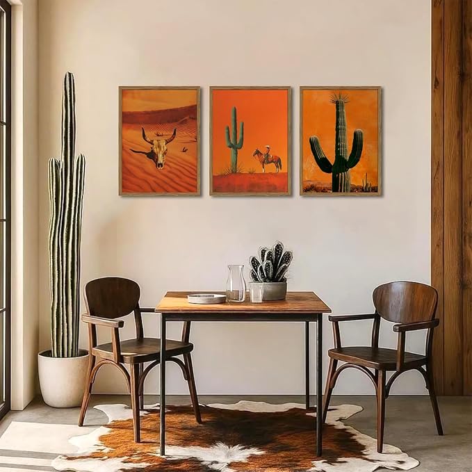 Framed Western Cowboy Canvas Wall Art Set of 3, Vintage Desert Cactus Pictures Wall Decor, Longhorn Bull Skull Paintings Prints Southwestern Home Decor for Living Room Bedroom 16x24 inch
