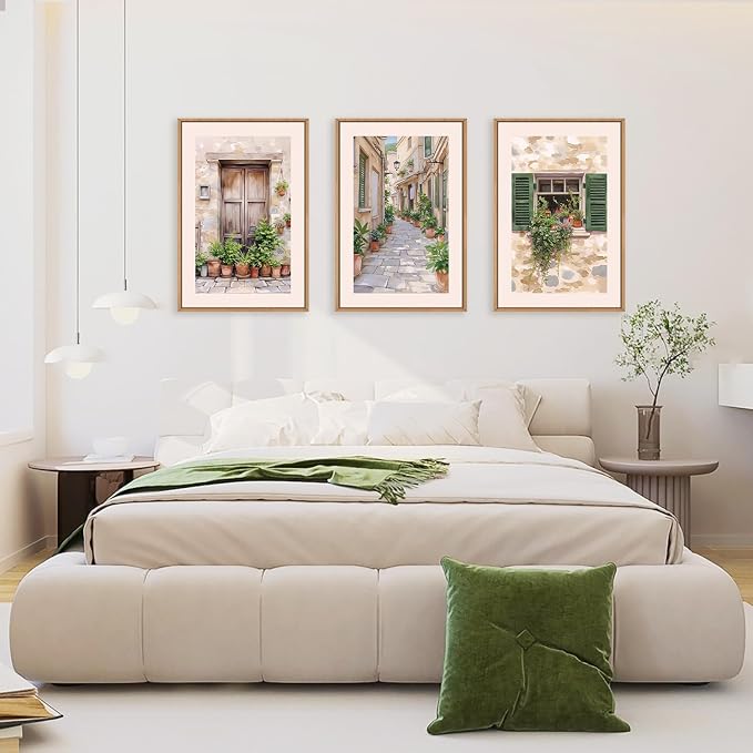 FWIEXA Italy Streets Travel Framed Wall Art Set, Green Botanical Wall Decor, Vintage Italian Style Countryside Villages Wall Print, Potted Plant Canvas Artworks, 3 Pieces Nature Landscape Painting for Bedroom, Office, Living Room