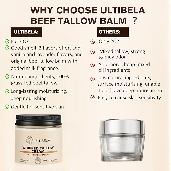 100% Grass-Fed Handmade Beef Tallow for Skin Care, Whipped Tallow and Honey Balm for Body ＆ Face Natural Body Cream for Dry & Sensitive Skin, 4OZ (Vanilla)