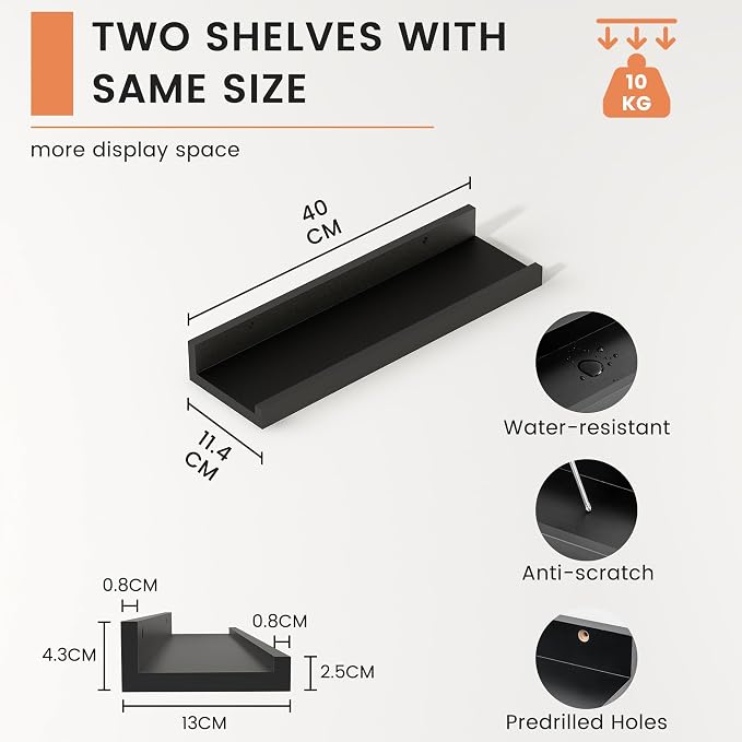 Picture Ledge Shelf, Floating Shelves for Wall, 16" W Set of 2, Black | FSC Certified Engineered Wood, Wall Mounted Bookshelf, for Nursery Living Room Bedroom, Pre-Drilled, Easy Install