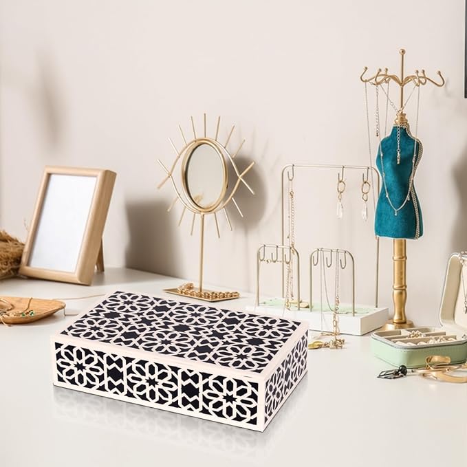 Handicrafts Home Decorative Storage Box with Lid, Black White Moorish Rosette Pattern Remote Holder Box, Persian Geometric Coffee Table Storage Organizer for Living Room Decor, Shiraz 10 x 6 x 2.5