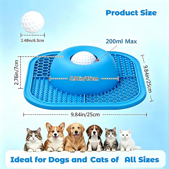 Slow Eating Dog Bowls & Lick Pad for Liquid & Creamy Snacks, Non-Slip Pet Lick Bowl with Interactive Rolling Ball, 5/6 Cup Puppy Lick Toy for Small Medium Large Dogs & Cats (Blue)