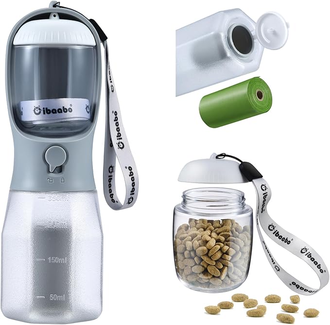 Cibaabo Dog Water Bottle with Food Container & Poop Bag Holder & Filter | Feeding & Hydration & Waste All in One | Travel Puppy Water Bowl | Portable Pet Dispenser | Dog Gifts | for Walking Beach