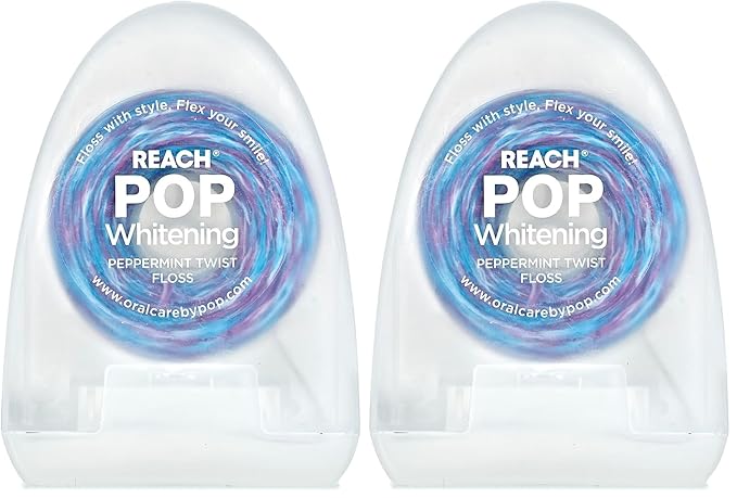 REACH POP Whitening Dental Floss, Peppermint, Baking Soda Infused, Teeth Whitening, Plaque Remover for Teeth, Shred Resistant, Vegan Wax, Cruelty Free, Oral Care, PFAS Free, 2 Pack, 54.6 yd