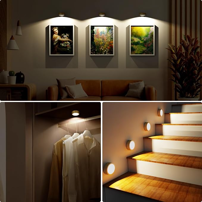 Tututry 6-Pack Picture Lights for Wall, Rechargeable Battery Operated Wireless Magnetic Painting Lights with Remote Dimmable and Timer, Wall Decor Lights with 3 Lighting Modes for Art Display (Gold)