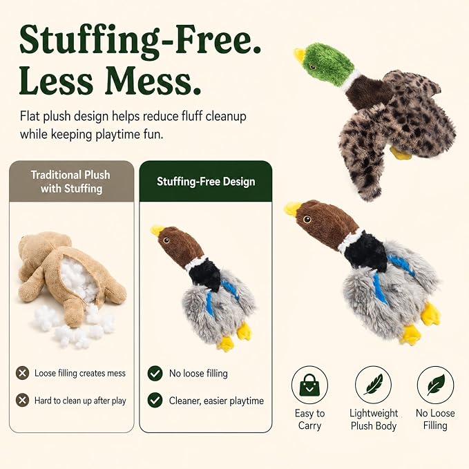 Stuffing-Free Duck Dog Toys, 2 Pack Plush Squeaky Toys with 6 Total Squeakers for Small Medium Dogs, Hollow Body Toys for Interactive Play