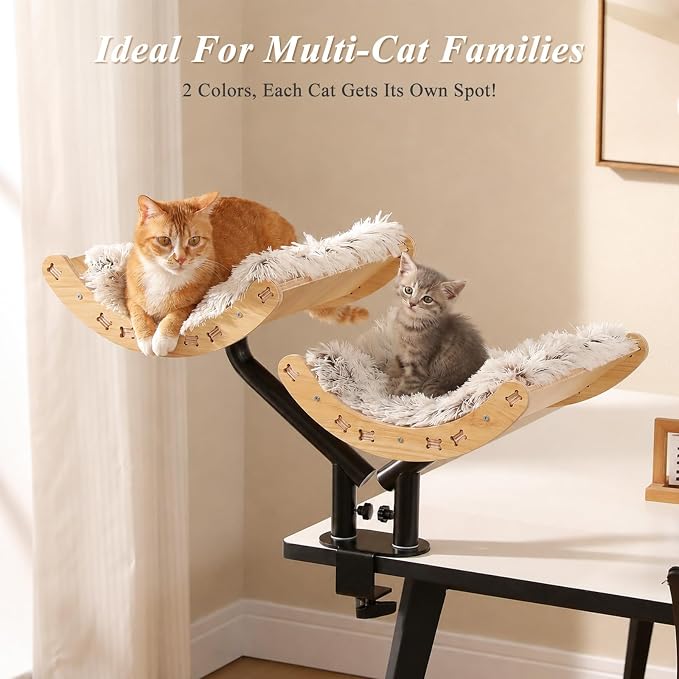 PEQULTI Desk Cat Bed for 2 Cats, 2-Tier 360° Rotating Cat Hammock, Beige | Clamp-on desk-edge perch holds 50 lbs wobble-free; removable washable cushion; bunk bed for 2 cats; no-drill, furniture-safe