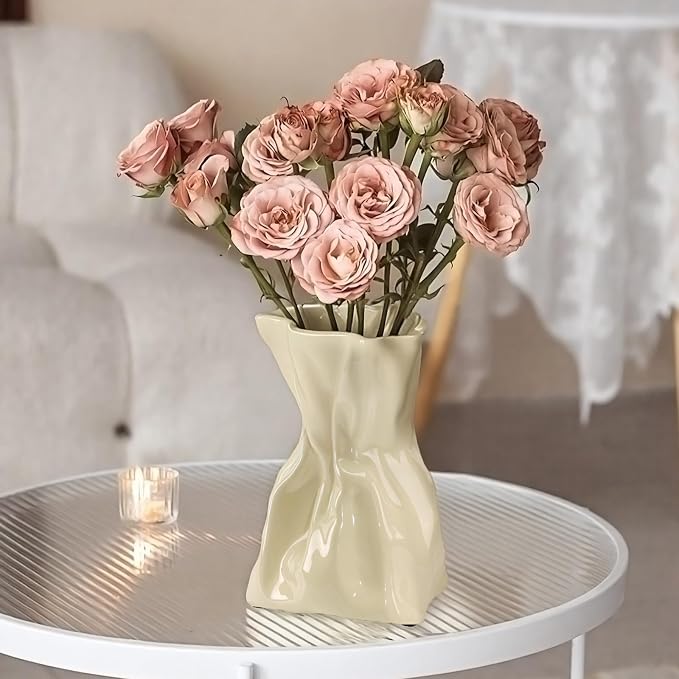 7.6 Inch Glossy Cream Ceramic Vase, Unique Crinkled Paper Bag Vase for Flower, Boho Vases for Home Decor, Wedding Centerpiece Table, Decorative Flower Vases for Entryway, Kitchen, Living Room