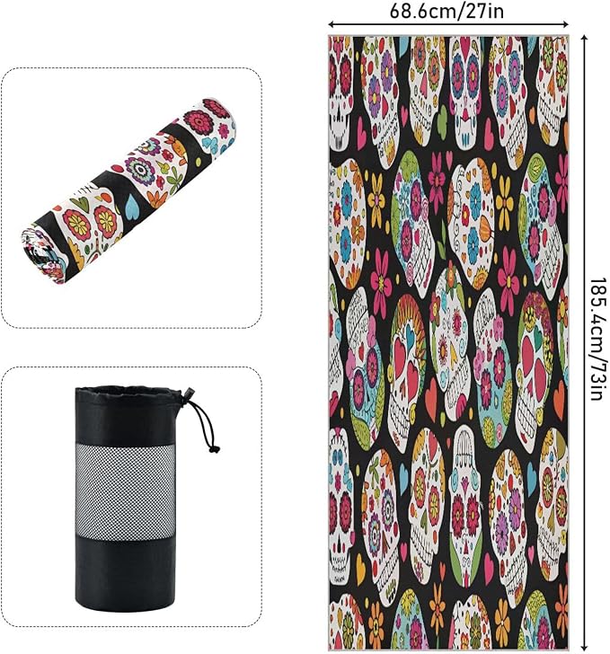 Mexican Sugar Skull Flower Hot Yoga Towel with Carry Bag - Sweat Absorbent Non Slip Yoga Mat Towel for Bikram Pilates Mats, Workout, Gym, 73"x27"