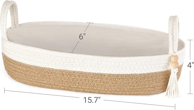 Mkono Toilet Paper Basket, Boho Bathroom Decor, Small Storage Organizer | Brown and White, 15.7"L x 6"W, Back of Toilet Basket, Decorative Woven Tray with Handles, Space-Saving, Living Room Bedroom