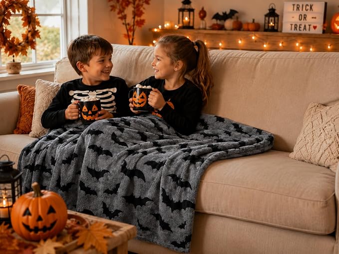 Halloween Fleece Throw Blanket, Black Bats on Gray, 50"x70" Oversized | Ultra-soft cozy flannel fleece, for sofa couch bed chair & dorms, spooky Halloween décor, durable and machine washable.