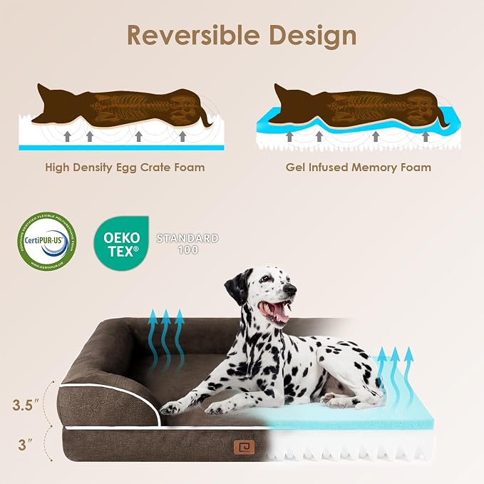 EHEYCIGA Orthopedic Extra Large Dog Bed, Waterproof Washable XL Pet Bed 44" | Non-Slip Bottom and Egg-Crate Memory Foam Big Dog Couch Bed with Washable Removable Cover, Brown, 44Inch