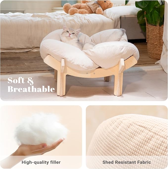 Elevated Cat Bed for Indoor Cats Couch Sofa Flower | Pet Beds with Soft Washable Cushion, Stable Wooden Frame, Raised Cat Hammock & Furniture for Kitty & Puppy All-Season(White)