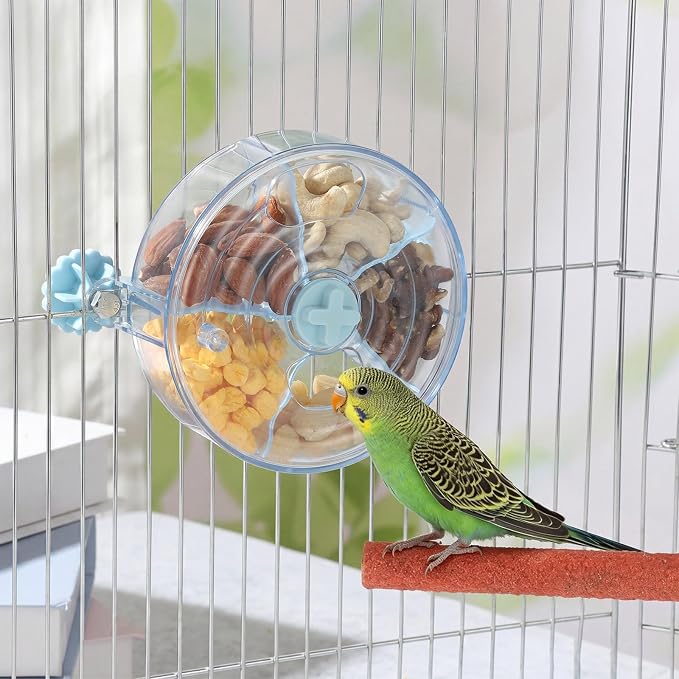 Bird Foraging Toy Interactive Slow Feeder with Rotating Treat Wheel Creative Enrichment Puzzle for Small & Medium Parrots Cockatiel Parakeet Conure - Blue