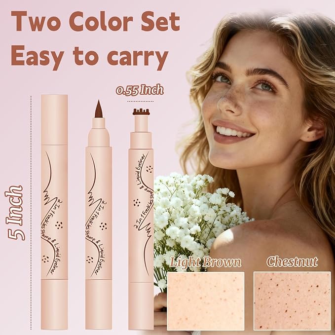 WEU 2-in-1 Freckle Pen and Stamp for Natural Fake Freckles, Waterproof & Stain-resistant Faux Freckles, 2 Pcs (Light Brown and Chestnut)