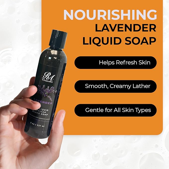 RA COSMETICS Liquid African Black Soap with Lavender – Traditional West African Cleanser with Shea Butter & Coconut Oil – Face, Body & Hair Wash for Daily Use – No Artificial Fragrances – 8oz