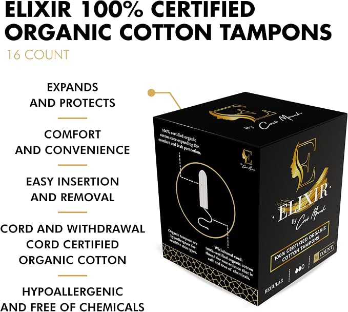 Elixir by Cocó March 100% Organic Cotton Tampons for Women – Hypoallergenic, Biodegradable Tube, High Absorption, Leak Resistant, No Harsh Chemicals - Organic Feminine Care Protection, Super 16 Count