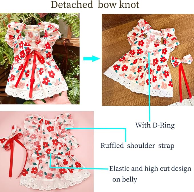 ANIAC Floral Dog Dress with D-Ring - Cat Dress & Puppy Clothes for Small Dogs & Cats (Medium, Floral)