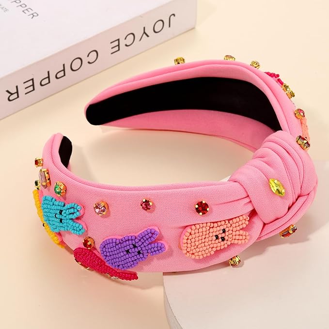 mokkia Easter Headbands Beaded Rabbit Bunny Headband for Women Pink Spring Knotted Headband Easter Hair Accessories Gifts