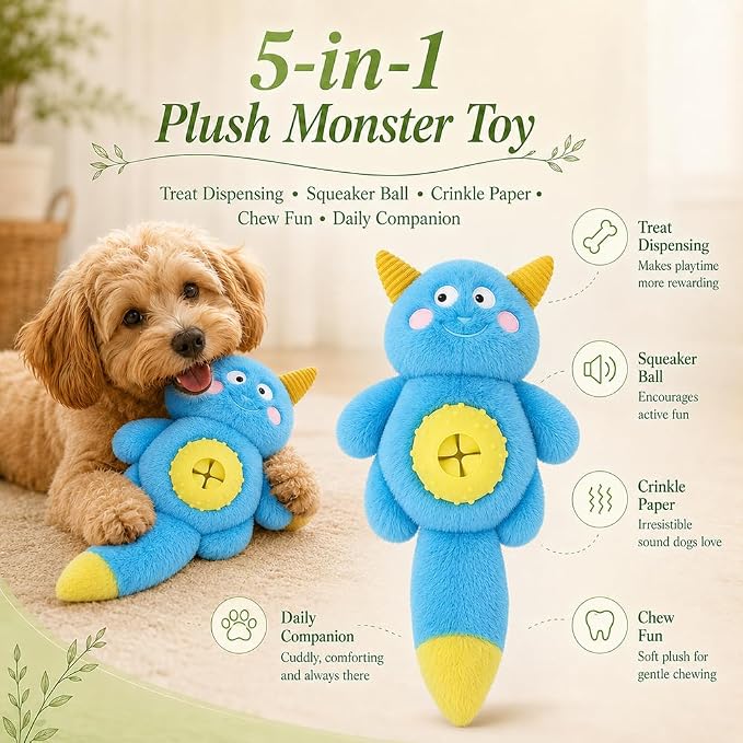 Cute Monster Plush Dog Chew Toy – Squeaky Ball, Crinkle Paper & Treat Dispenser, Washable Interactive Stuffed Toy for All Breeds, Relieves Boredom & Anxiety(Blue