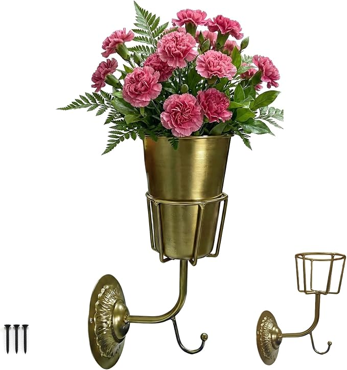 Gold Wall Planter, Wall Vase – 9.84×6.30×4.92 Inches Metal Gold Wall Planter Wall Vase – Hanging Wall-Mounted Flower Pot for Indoor Outdoor Home Decor Living Room Balcony