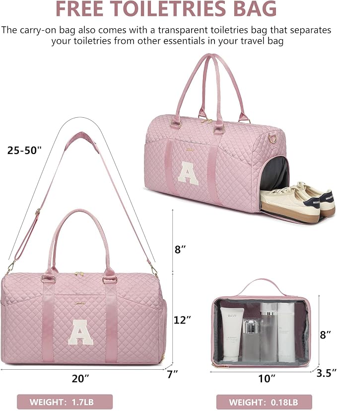 Women Weekender Travel Duffle Bag: Initial Duffel Overnight Bags with Shoe Compartment Large Carry on Tote with Toiletry Bag Weekend Traveling Yoga Gym Hospital Bag for Women with Wet Pocket Letter A