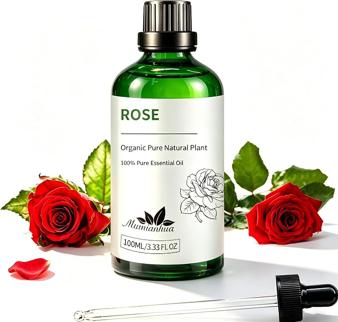 Rose Essential Oil, Floral Scent, Self-Care, DIY & Home, 3.38 Fl Oz | Mumianhua Rose Oil, Steam-Distilled.Romantic Floral. For Skin, Hydration, Radiant Complexion, Hair, Massage & DIY