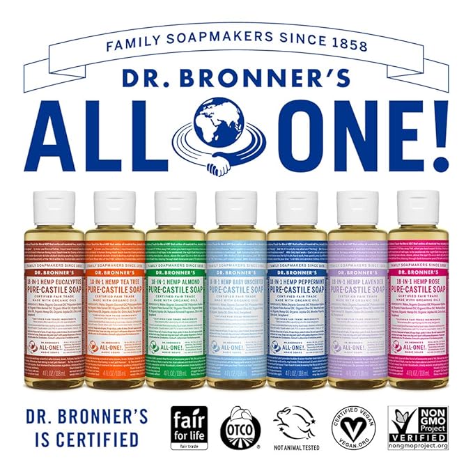 Dr. Bronner's - Pure-Castile Liquid Soap (Lavender, 4 ounce) - Made with Organic Oils, 18-in-1 Uses: Face, Body, Hair, Laundry, Pets and Dishes, Concentrated, Vegan, Non-GMO