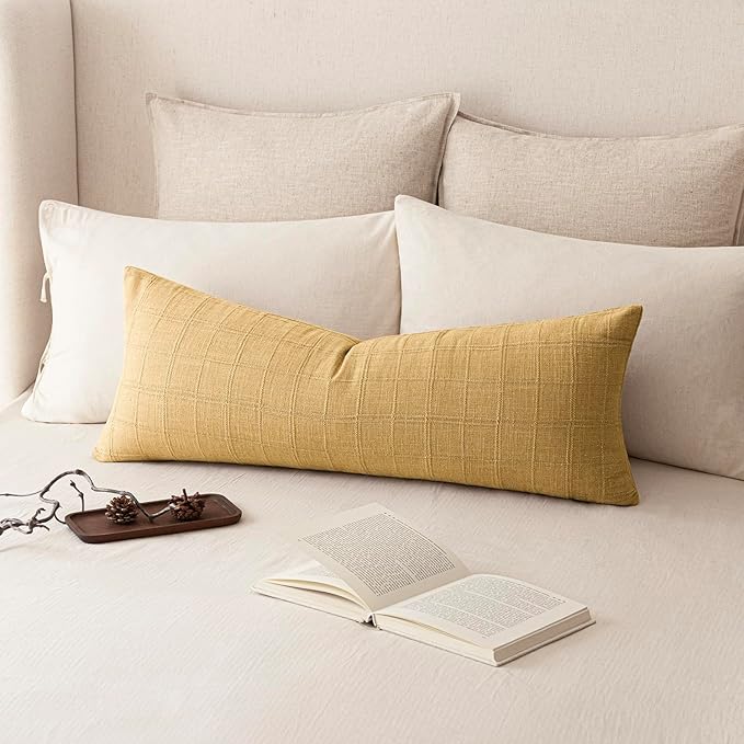 Foindtower Set of 2 Decorative Linen Check Throw Pillow Covers Neutral Farmhouse Vintage Cushion Covers Cozy Modern Boho Accent Home Decor for Sofa Chair Couch Bed Living Room,14×36 Inch,Amber Gold